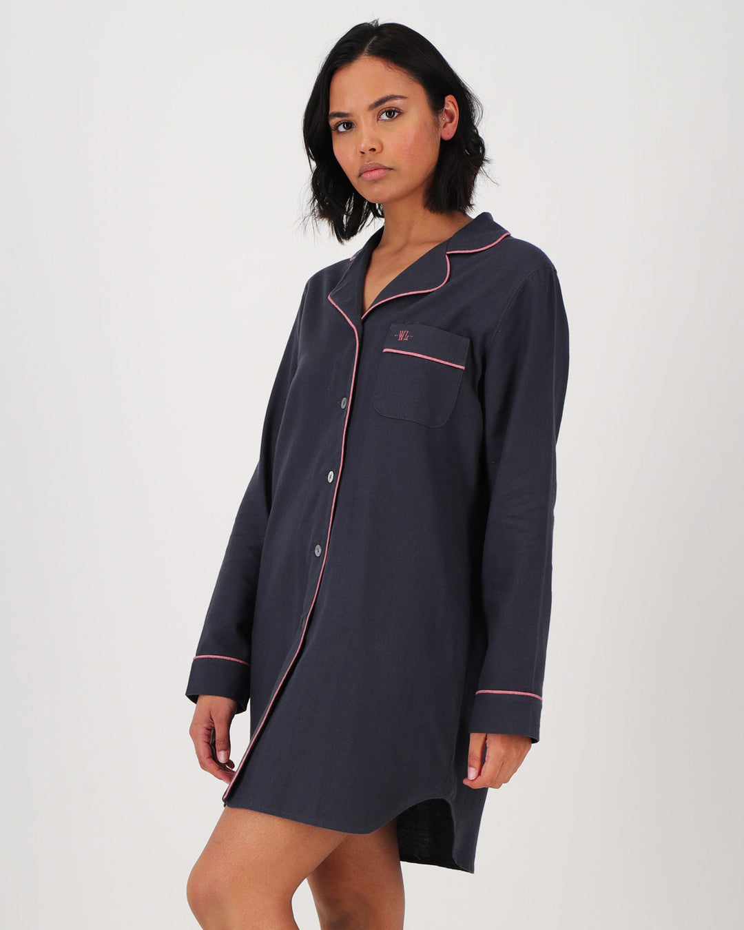 Womens Charcoal Flannel Sleepshirt Front Pink Piping - Woodstock Laundry