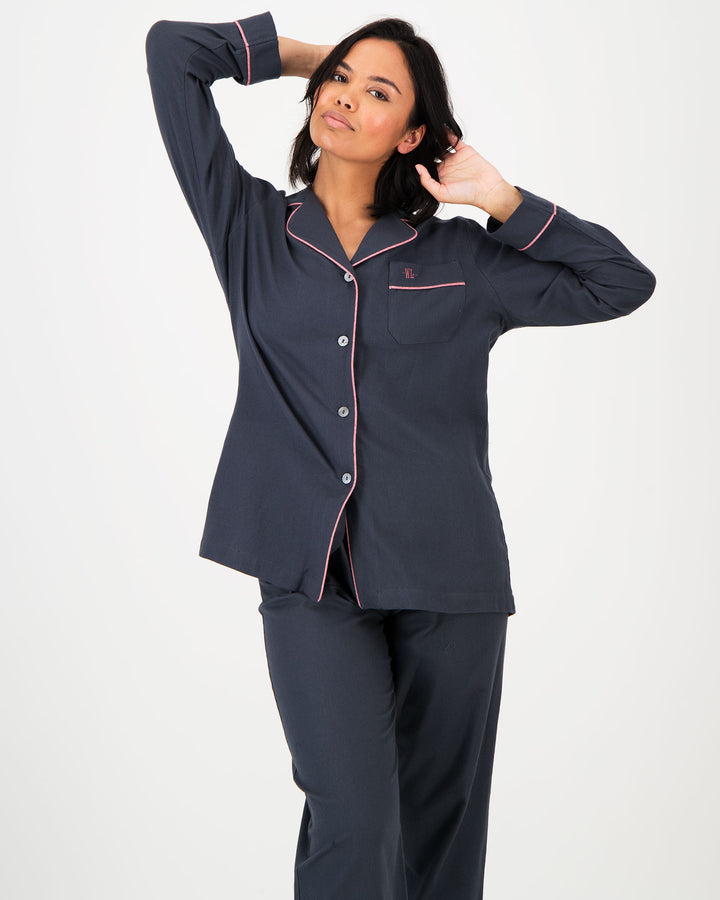 Womens Long Pyjamas - Flannel Charcoal - Pink Piping