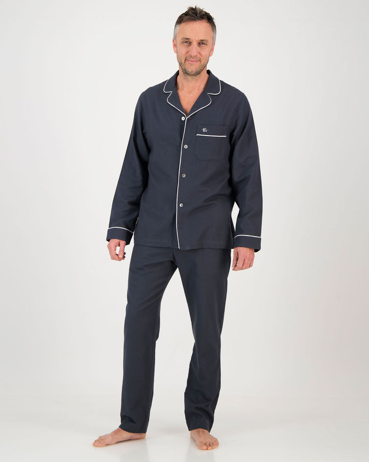 Mens Flannel Pyjamas Charcoal with White Piping Front - Woodstock Laundry