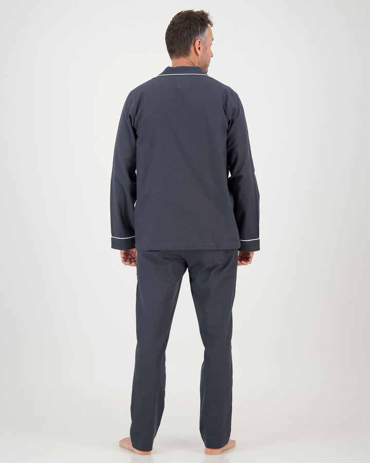 Mens Flannel Pyjamas Charcoal with White Piping Back - Woodstock Laundry