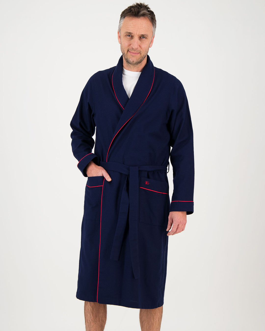 Mens Flannel Gown Navy with Red Piping Front - Woodstock Laundry SA