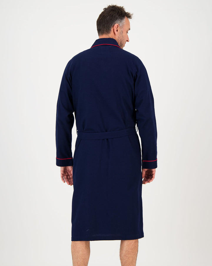 Mens Flannel Gown Navy with Red Piping Back - Woodstock Laundry SA
