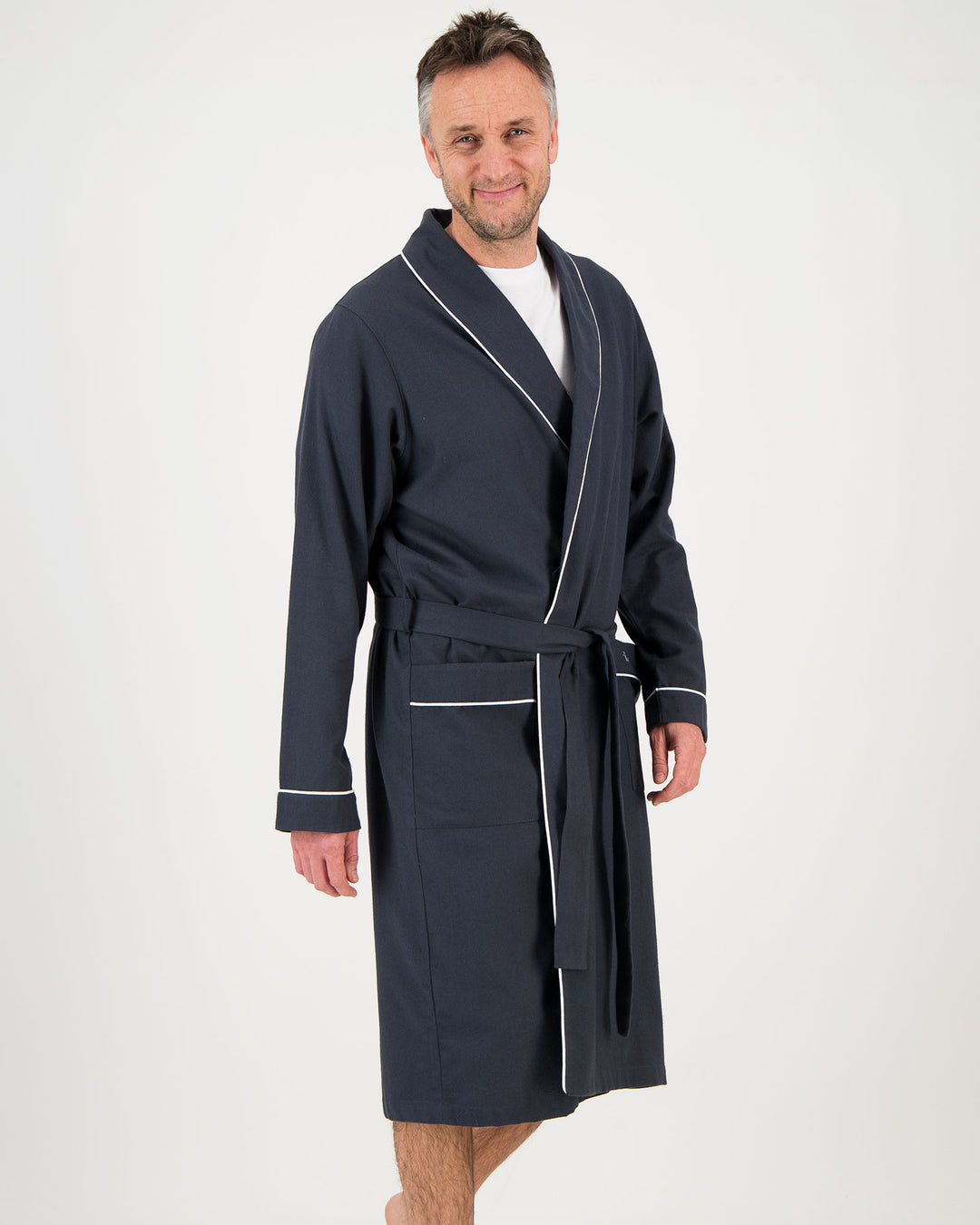 Mens Flannel Gown Charcoal with White Piping Front - Woodstock Laundry SA