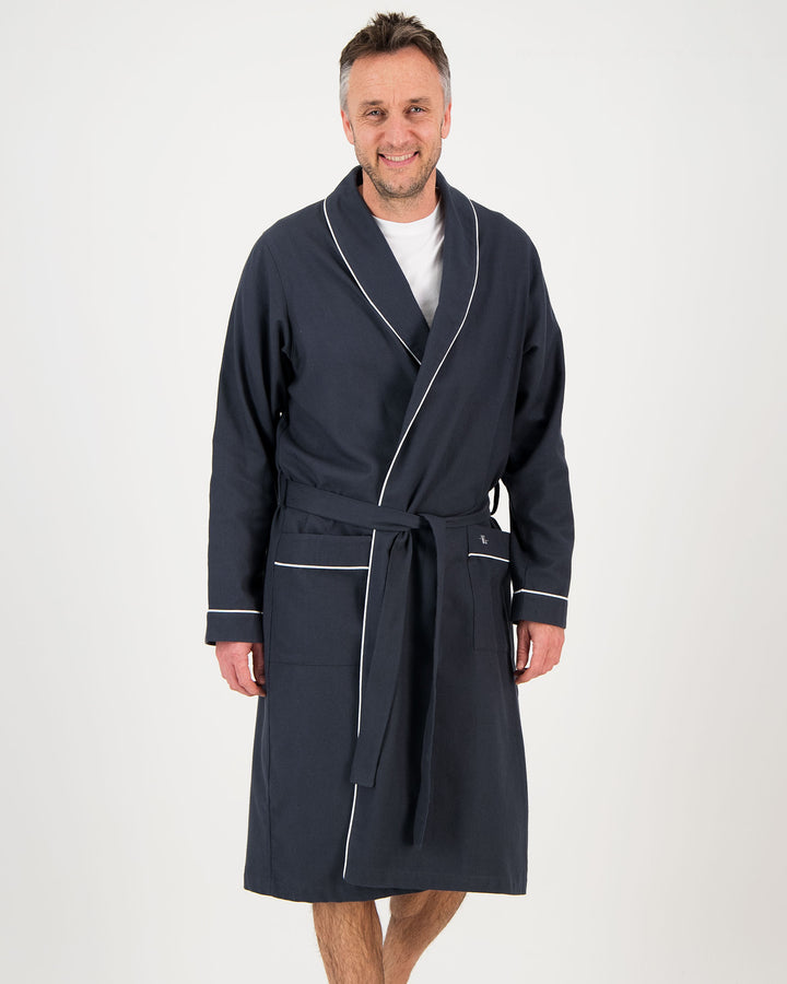Mens Flannel Gown Charcoal with White Piping Front - Woodstock Laundry SA