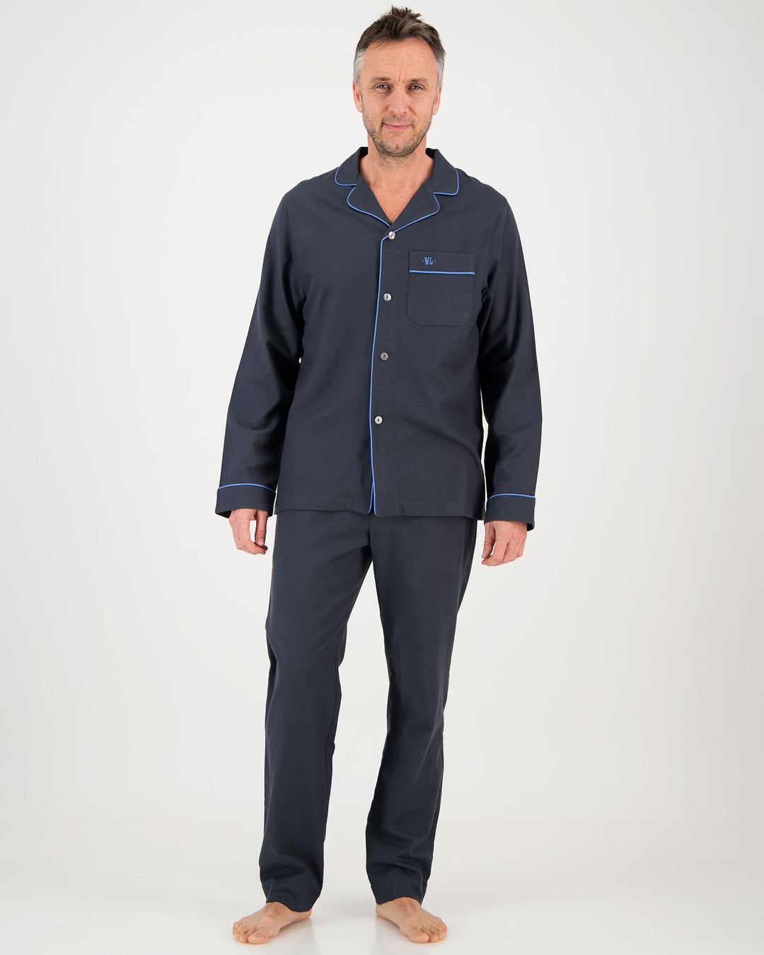 Mens Long Pyjamas Charcoal Flannel with Blue Piping Front - Woodstock Laundry