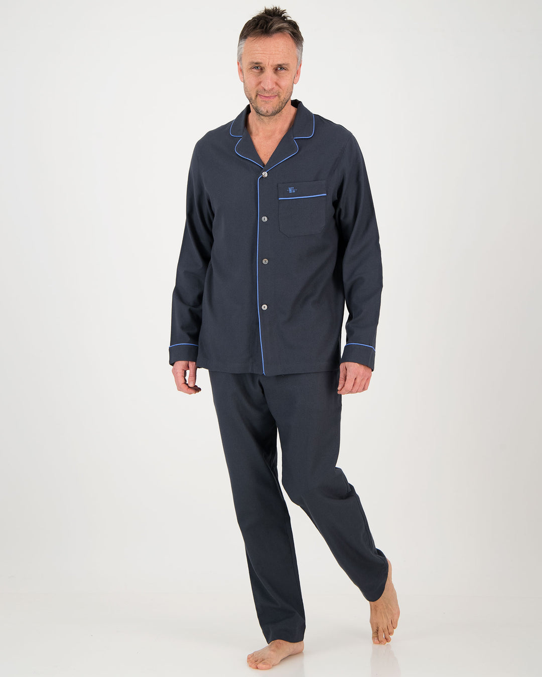Mens Long Pyjamas Charcoal Flannel with Blue Piping Front - Woodstock Laundry