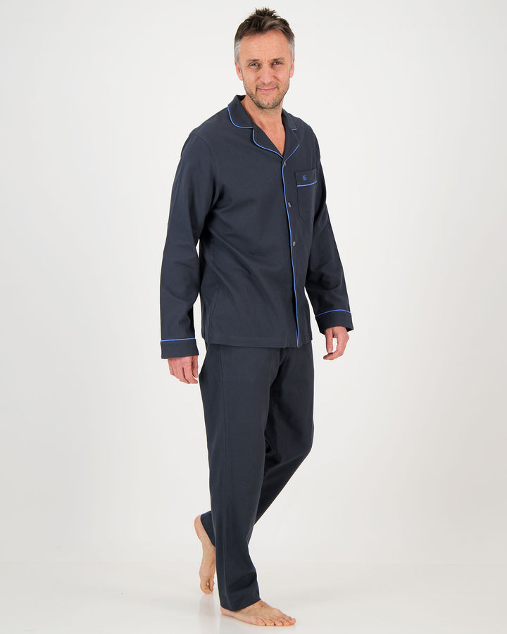 Mens Long Pyjamas Charcoal Flannel with Blue Piping Front - Woodstock Laundry