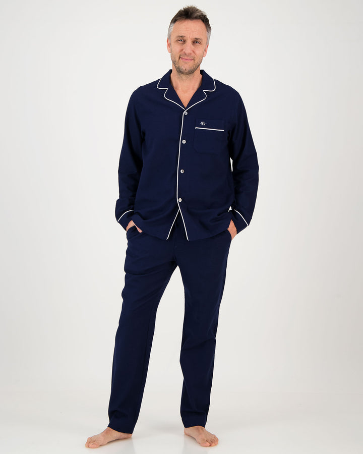 Mens Long Pyjamas Flannel Navy - White Piping