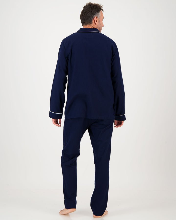 Mens Long Pyjamas Flannel Navy - White Piping