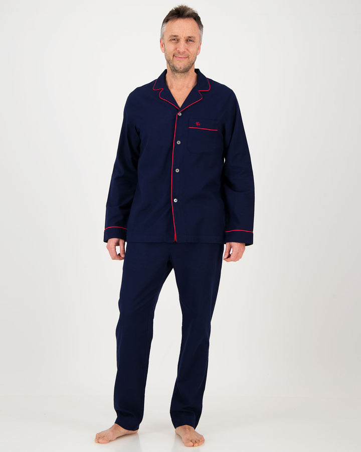Mens Long Pyjamas Flannel Navy - Red Piping