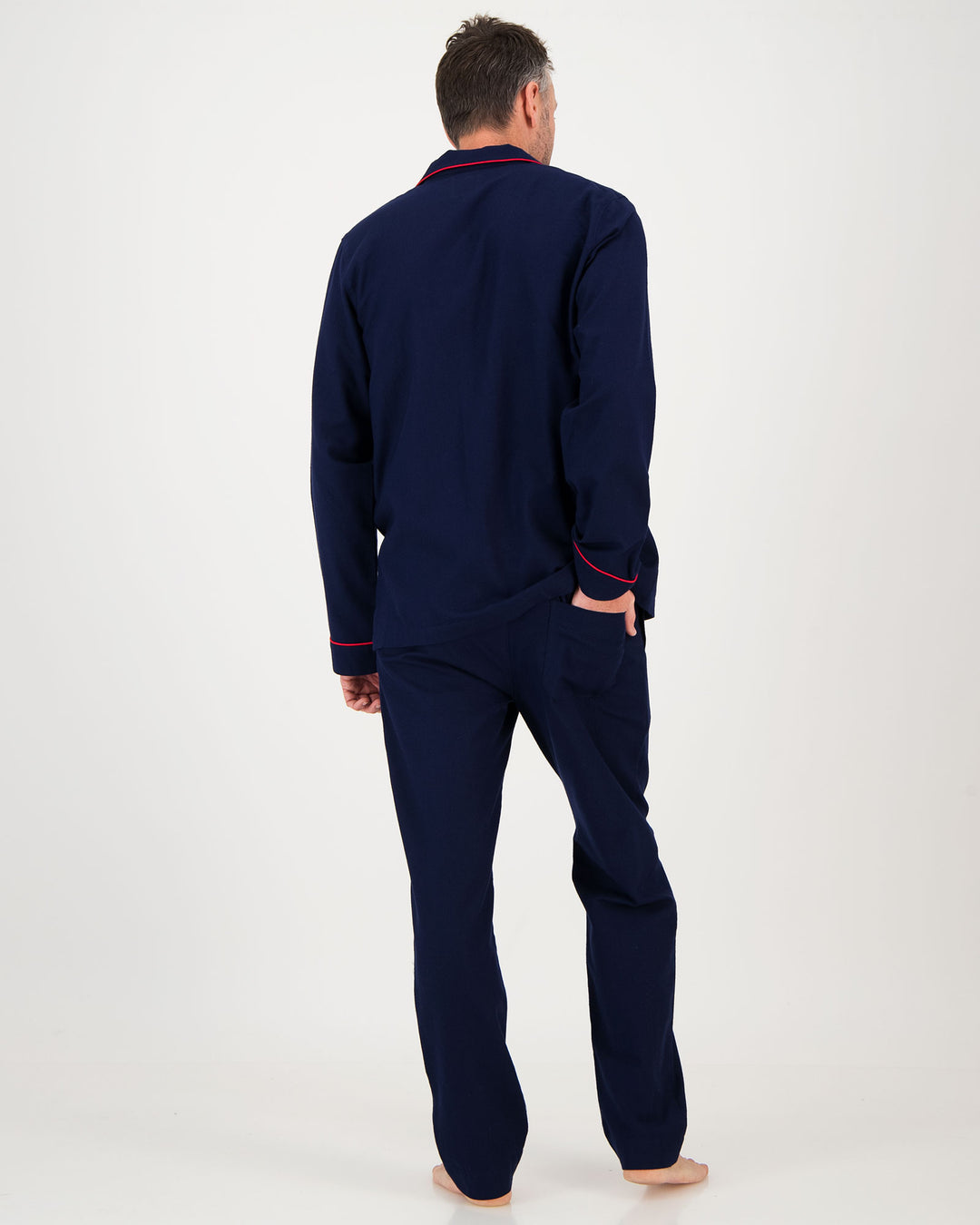Mens Long Pyjamas Flannel Navy - Red Piping