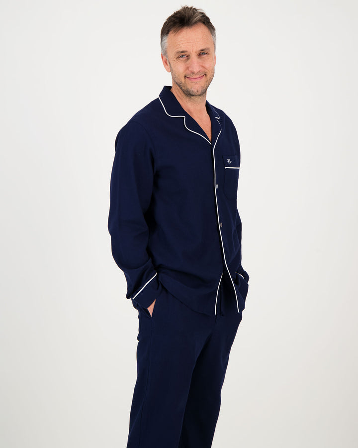 Mens Long Pyjamas Flannel Navy - White Piping