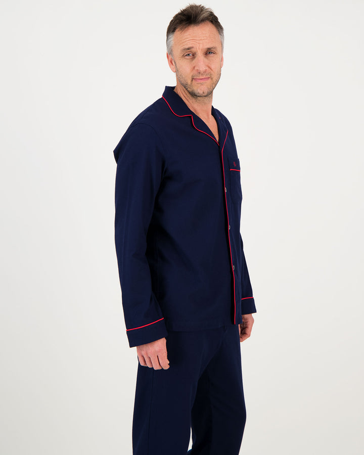 Mens Long Pyjamas Flannel Navy - Red Piping