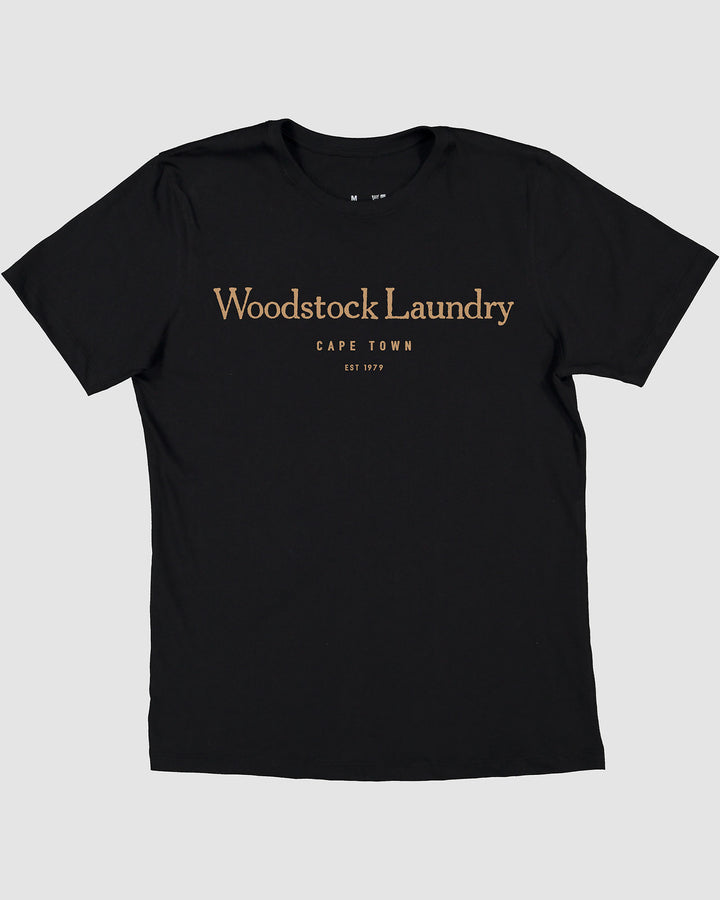 T-Shirt Black with Cream Typo flatlay - Woodstock Laundry SA