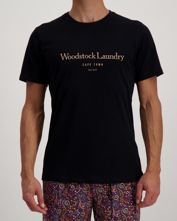 T-Shirt Black with Cream Typo - Woodstock Laundry SA