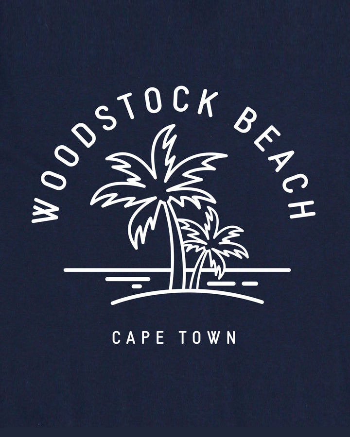 Mens T-Shirt Navy Woodstock Beach Artwork - Woodstock Laundry SA