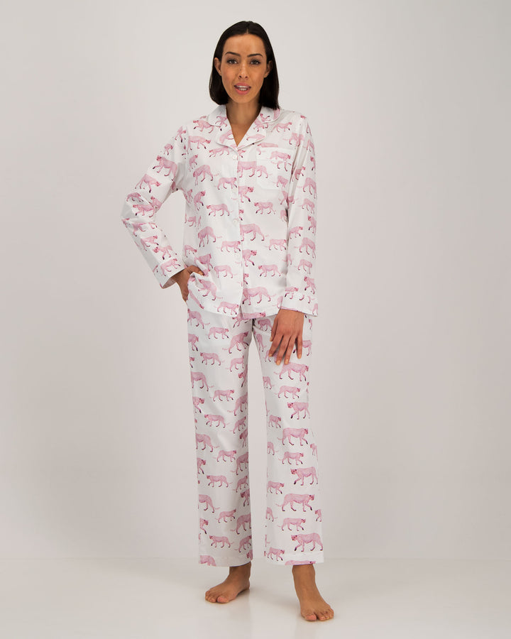 Womens Long Pyjamas Pink Cheetahs Front - Woodstock Laundry SA