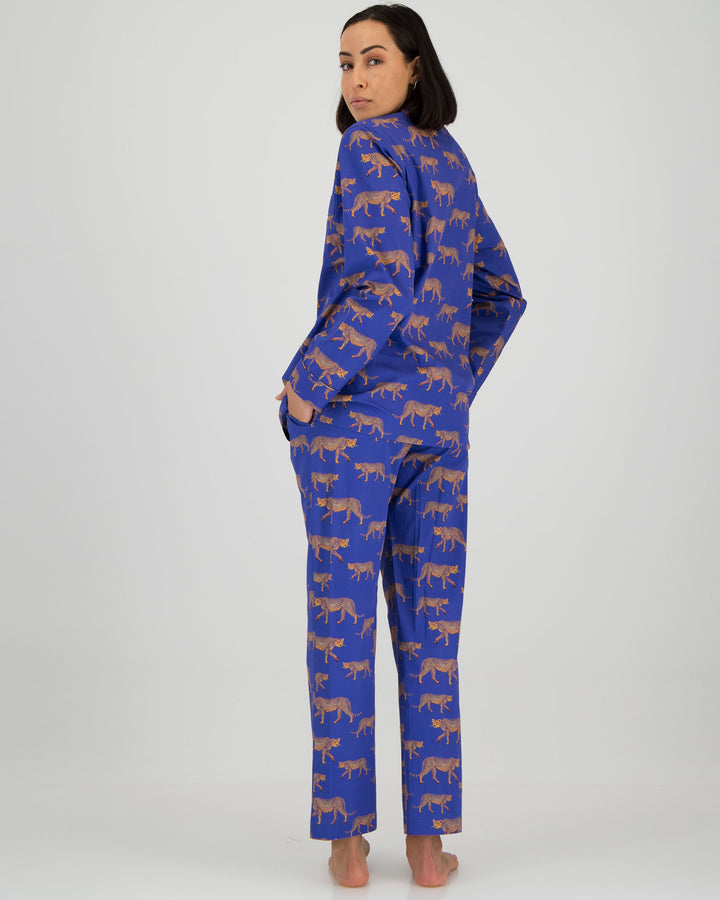 Womens Long Pyjamas Blue Cheetahs Back - Woodstock Laundry SA