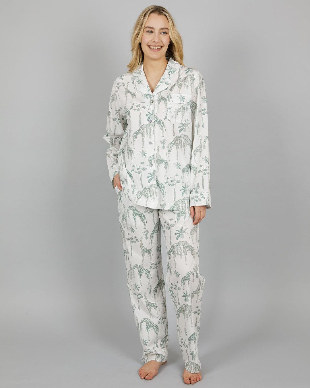 Womens Long Pyjamas Giraffes Green Front - Woodstock Laundry