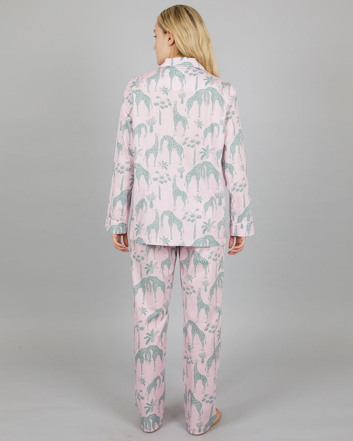 Womens Long Pyjamas Giraffes Pink Back - Woodstock Laundry
