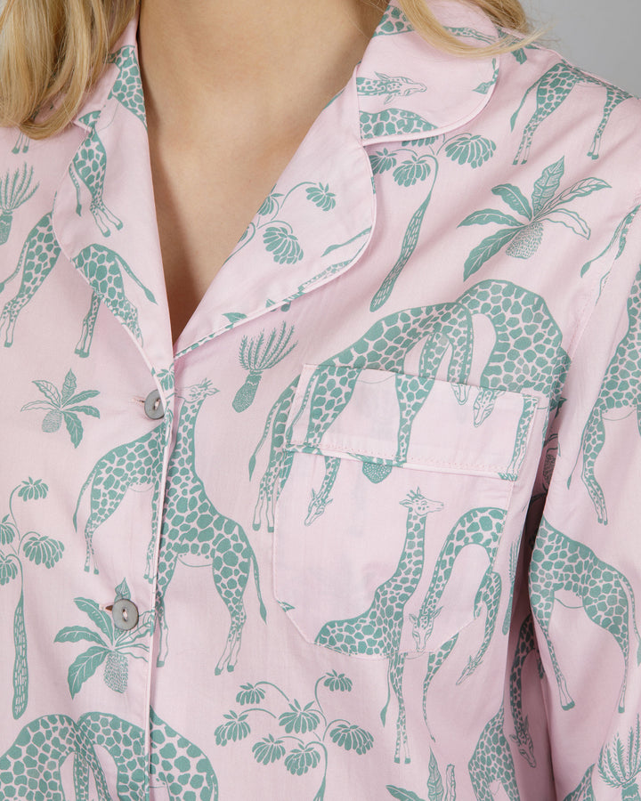 Womens Long Pyjamas Giraffes Pink Close - Woodstock Laundry