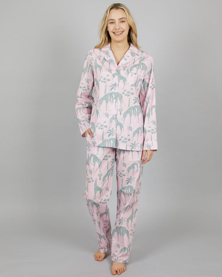 Womens Long Pyjamas Giraffes Pink Front - Woodstock Laundry