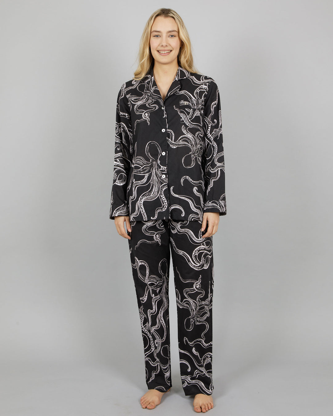 Womens Long Pyjamas Octopus Black Front - Woodstock Laundry