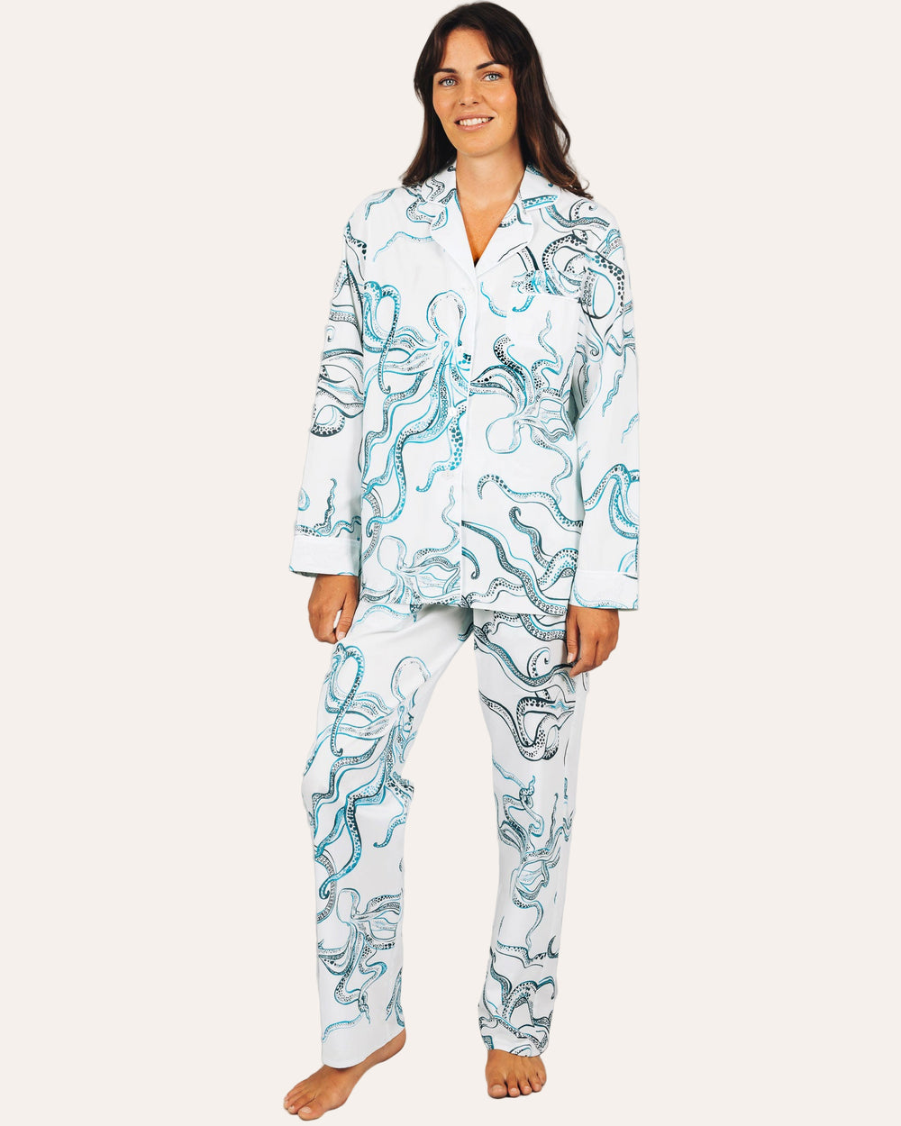 Womens Long Pyjamas Octopus Indigo Front - Woodstock Laundry