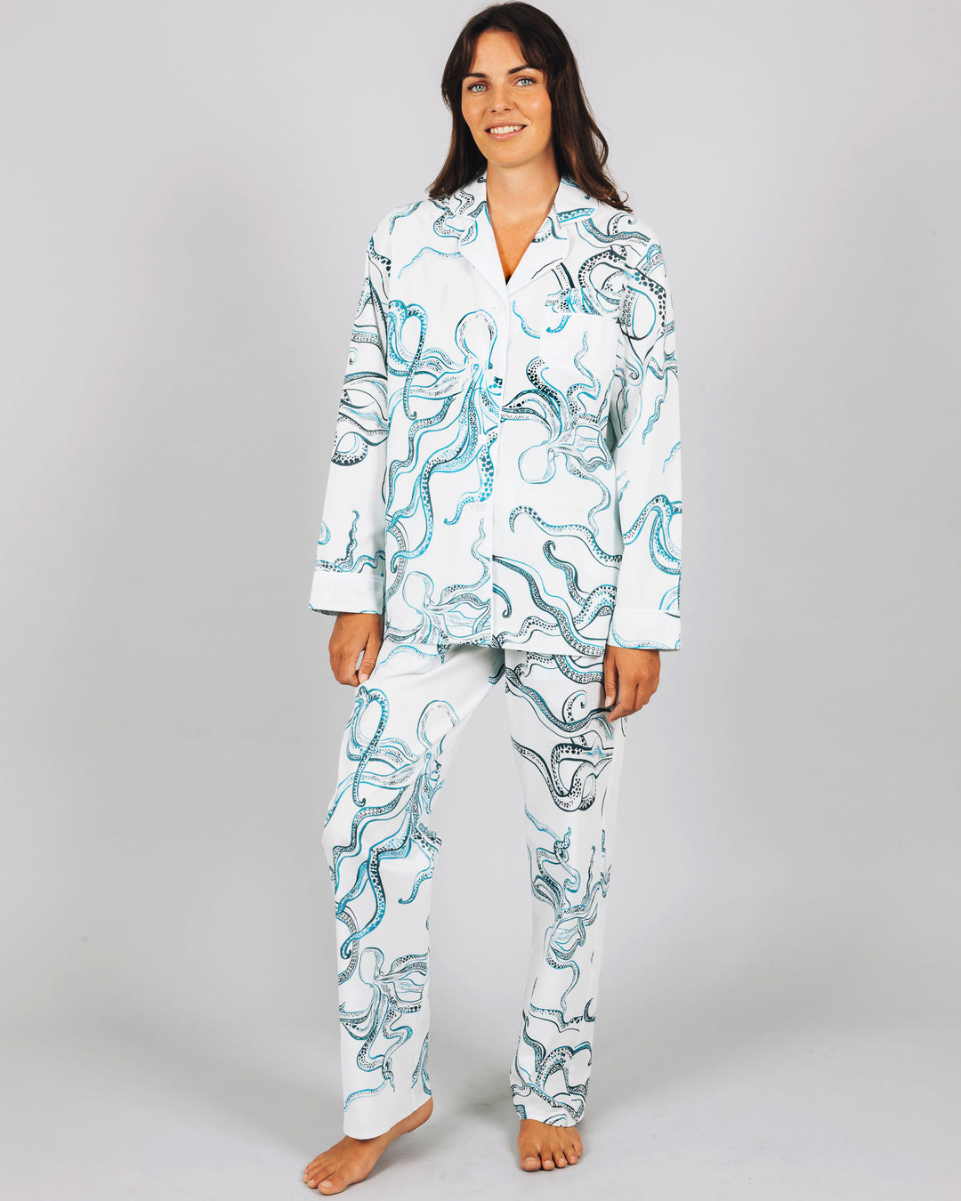Womens Long Pyjamas Octopus Indigo Front - Woodstock Laundry