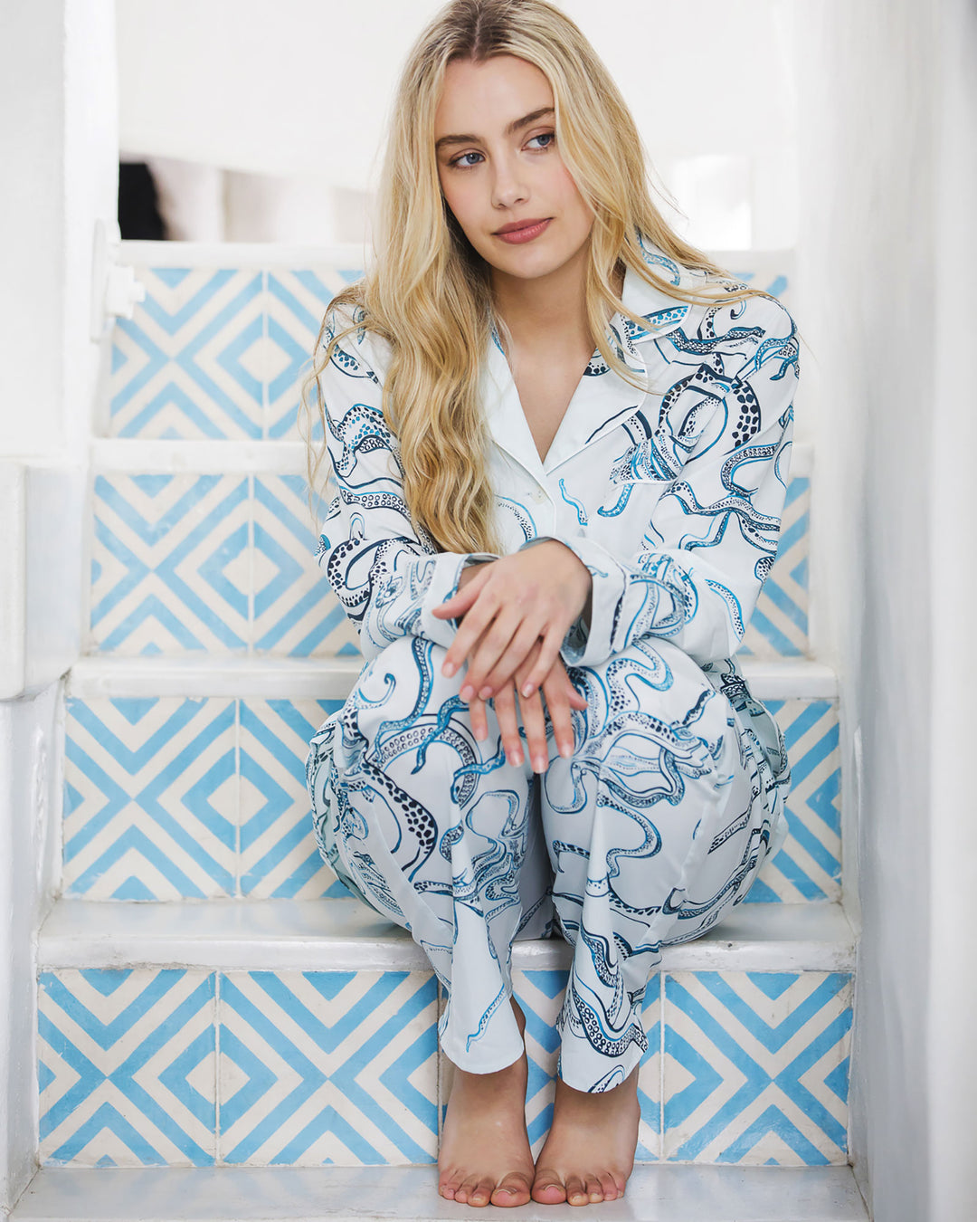 Womens Long Pyjamas Octopus Indigo Lifestyle - Woodstock Laundry