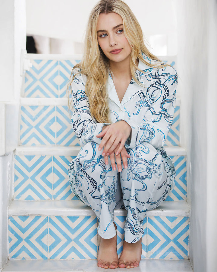 Womens Long Pyjamas Octopus Indigo Lifestyle - Woodstock Laundry