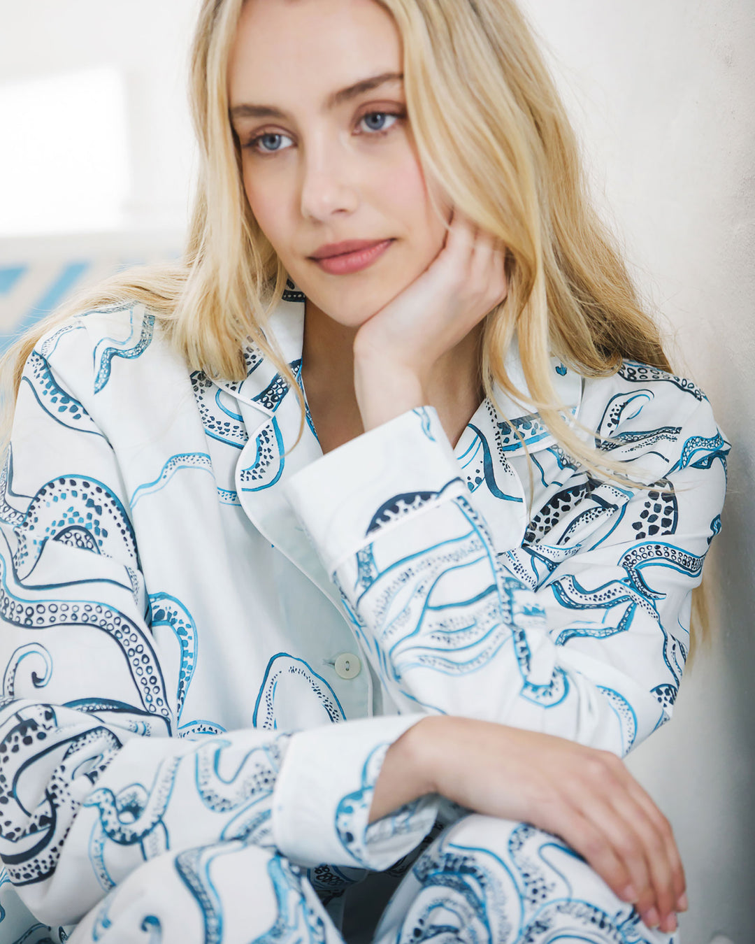 Womens Long Pyjamas Octopus Indigo Lifestyle - Woodstock Laundry