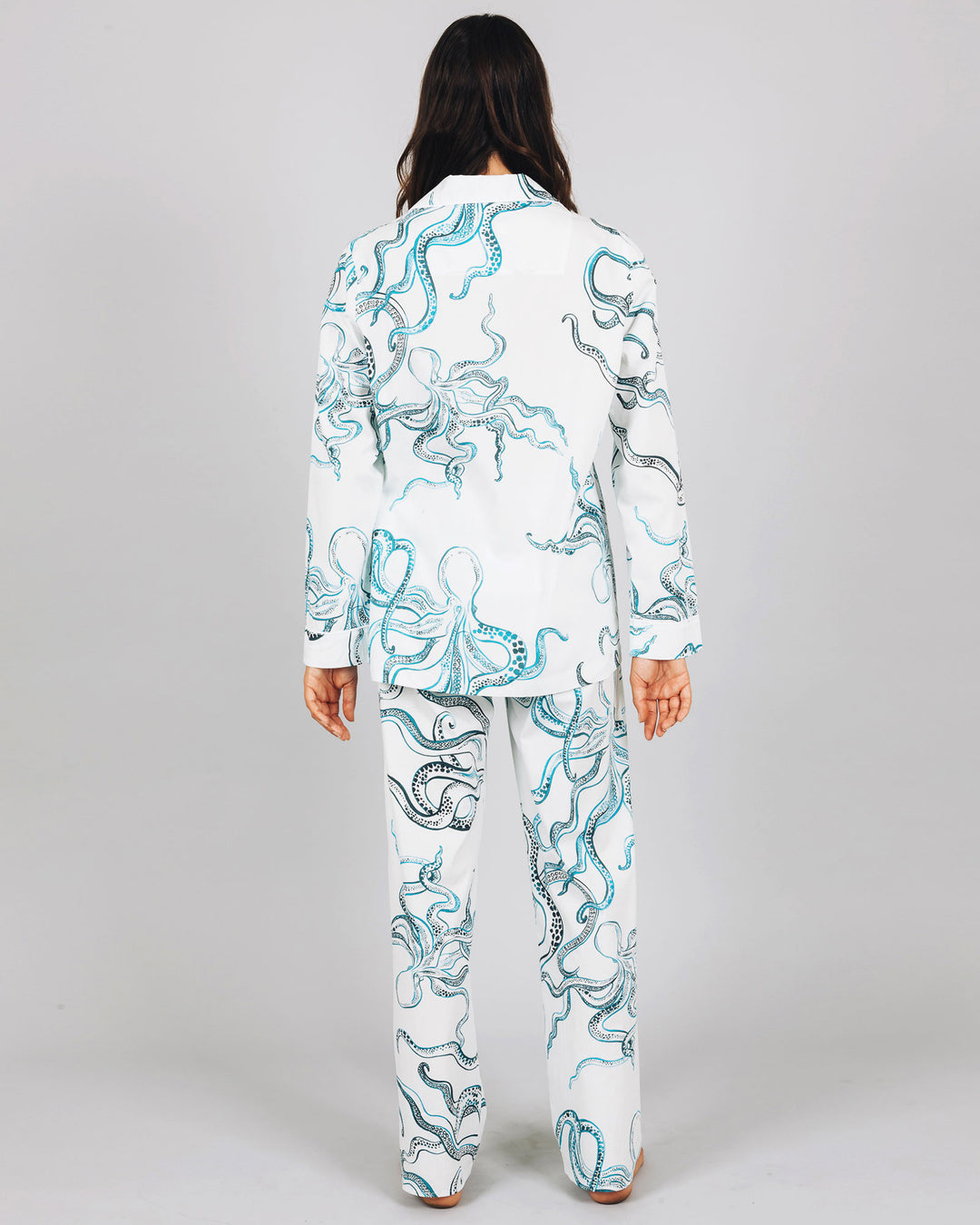Womens Long Pyjamas Octopus Indigo Back - Woodstock Laundry