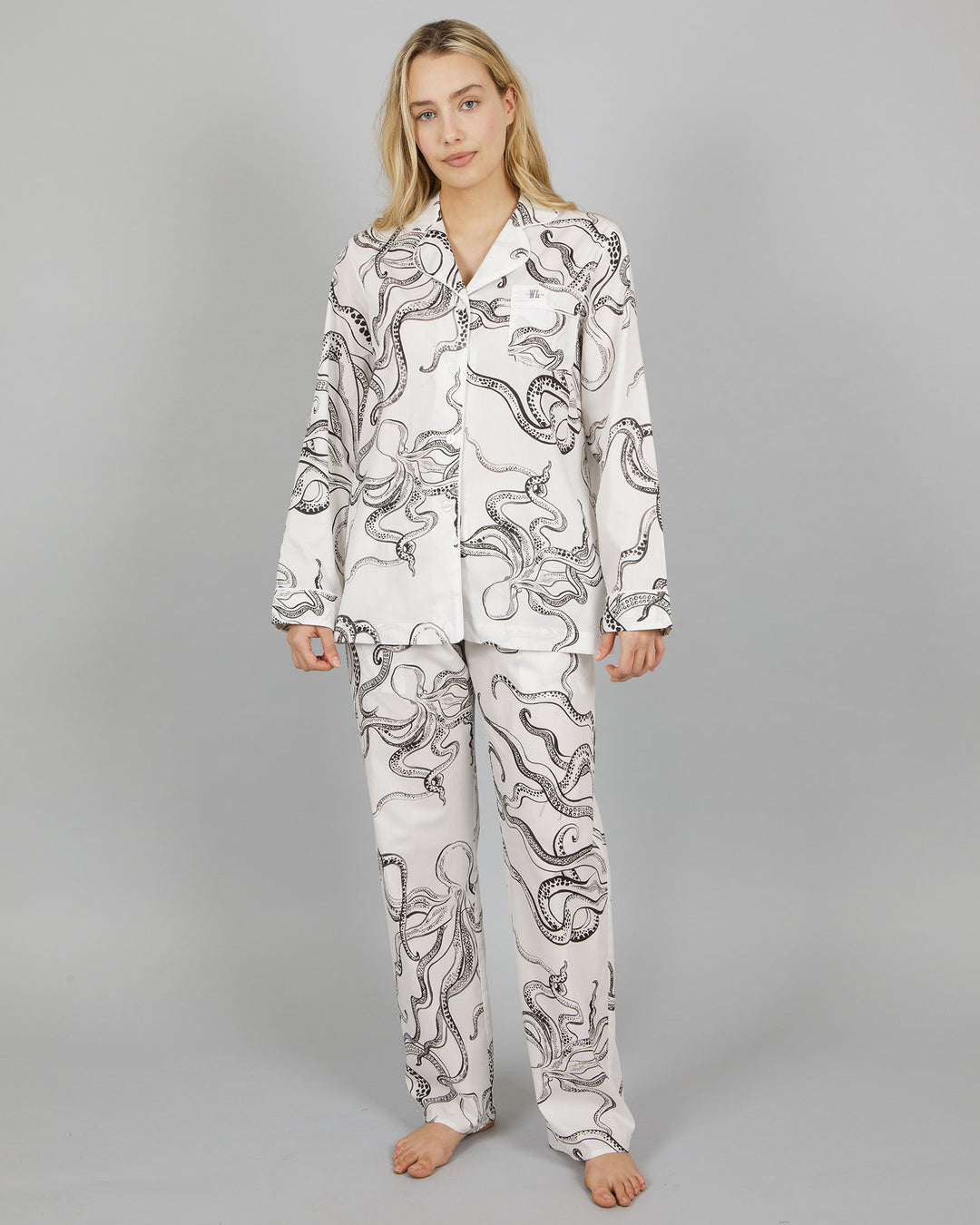 Womens Long Pyjamas Octopus White Front - Woodstock Laundry