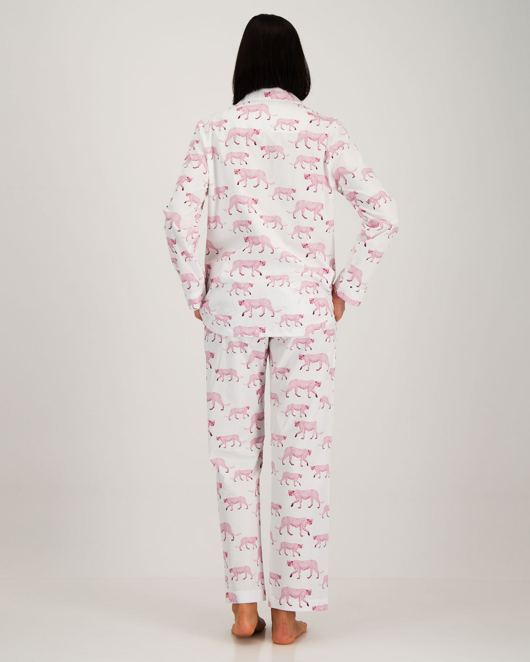 Womens Long Pyjamas Pink Cheetahs Back - Woodstock Laundry SA
