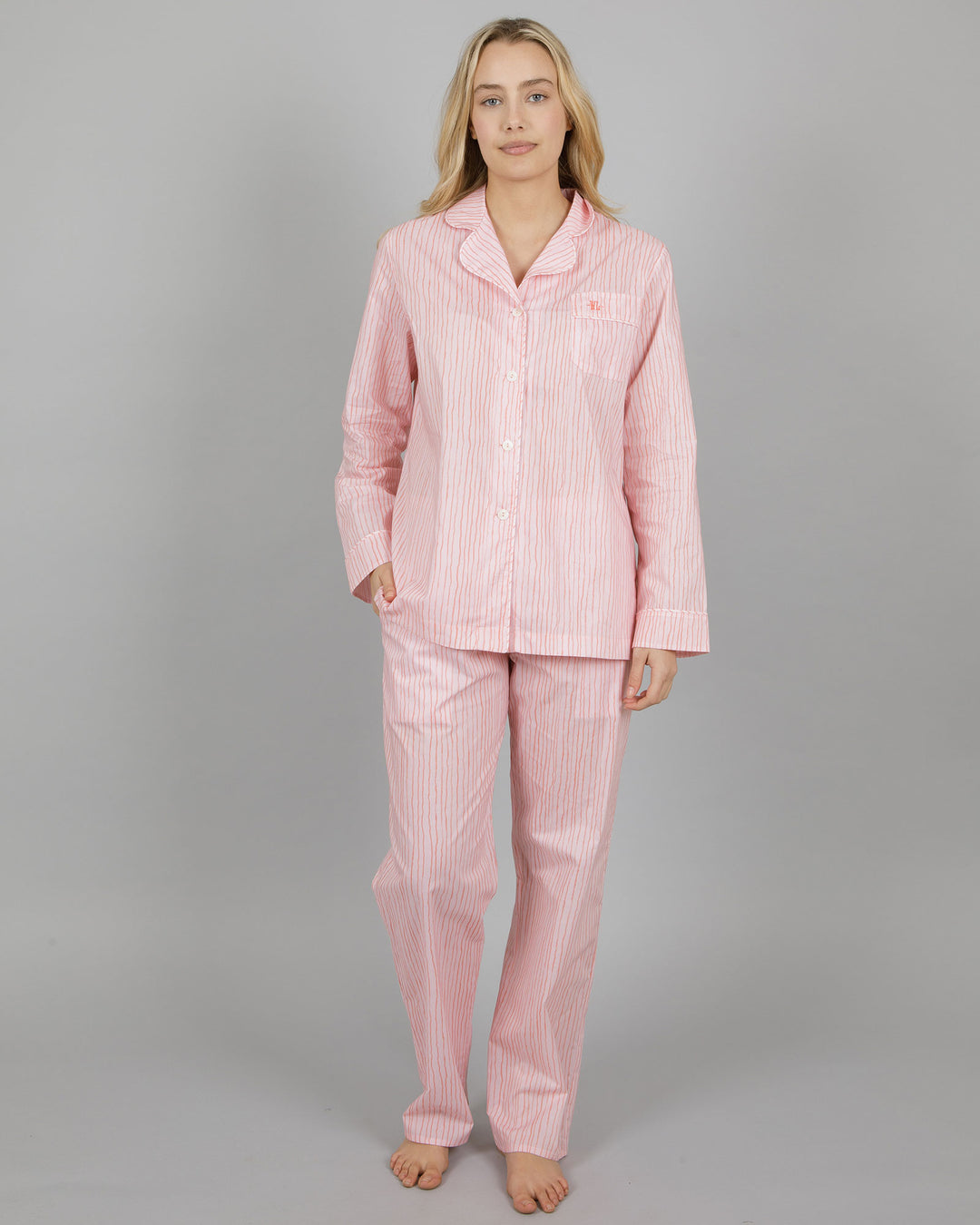 Womens Long Pyjamas Shaky Hand Pink Front - Woodstock Laundry