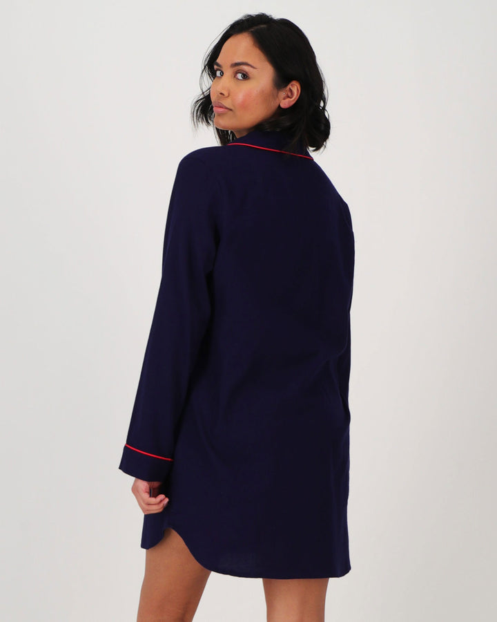 Womens Flannel Sleep Shirt Navy with Red Piping Back - Woodstock Laundry SA