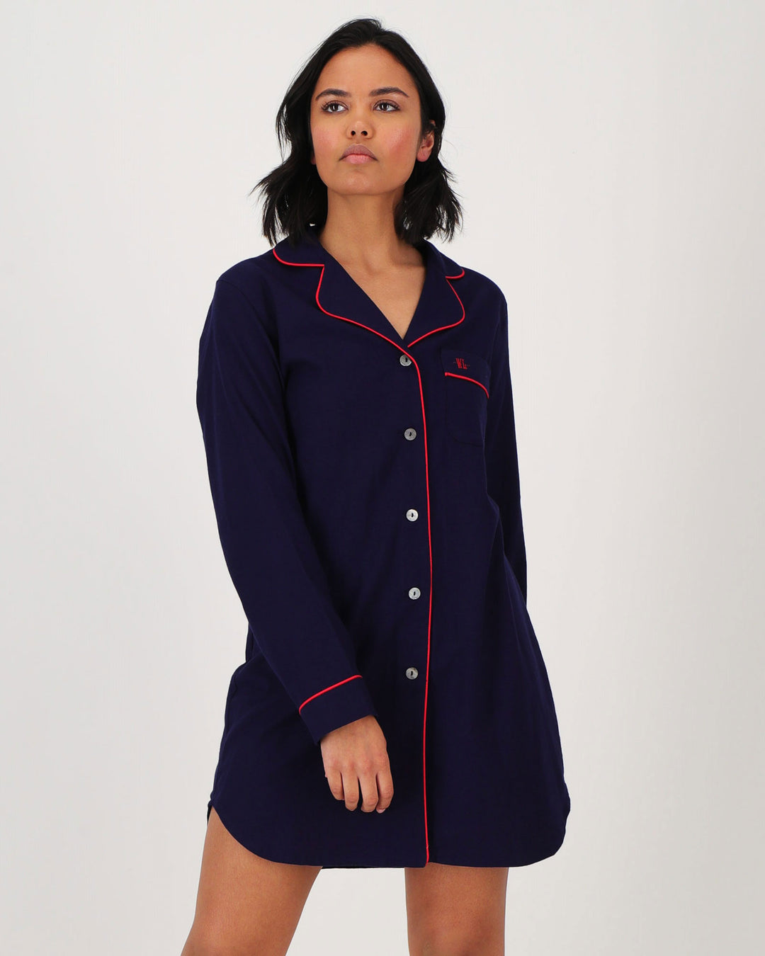 Womens Flannel Sleep Shirt Navy with Red Piping Front - Woodstock Laundry SA