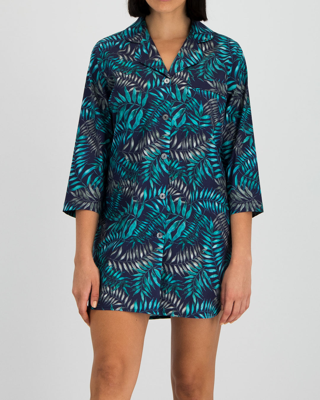 Womens Sleepshirt Palm Leaves Navy Front - Woodstock Laundry SA