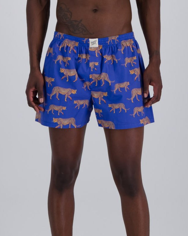 Mens Boxer Shorts Blue Cheetahs Front - Woodstock Laundry